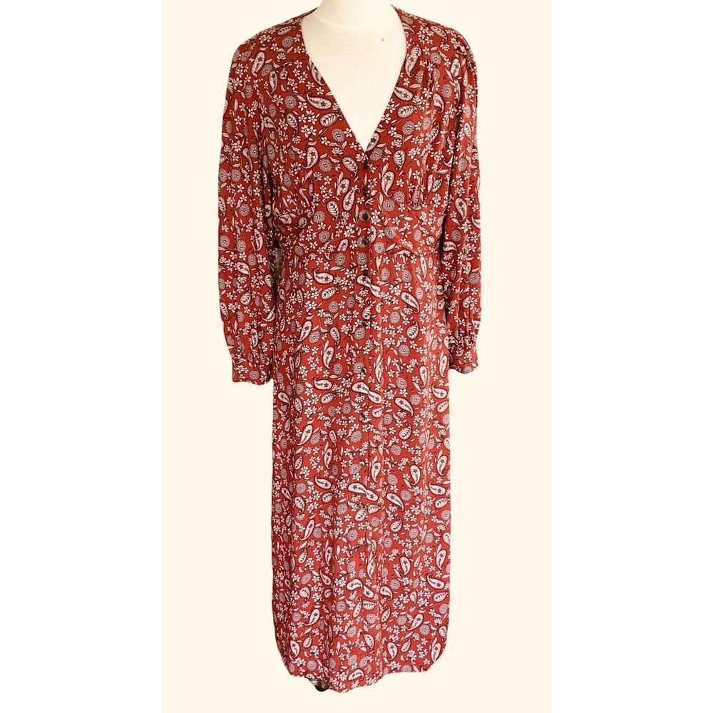 Boden Women 12R Brown Floral Blouson Sleeve V-Neck Button Up Closure Maxi Dress